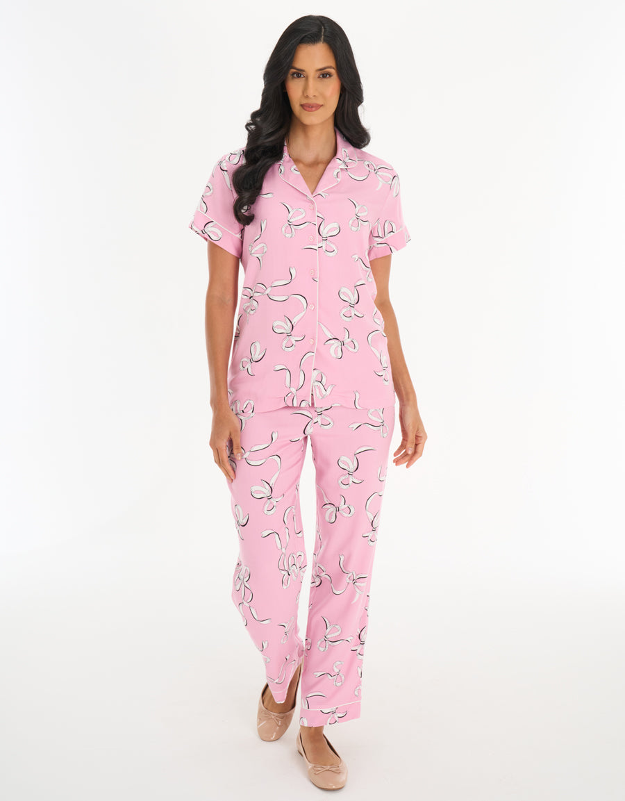 Short-Sleeve Shirt with Pants Pajama Set in Pink