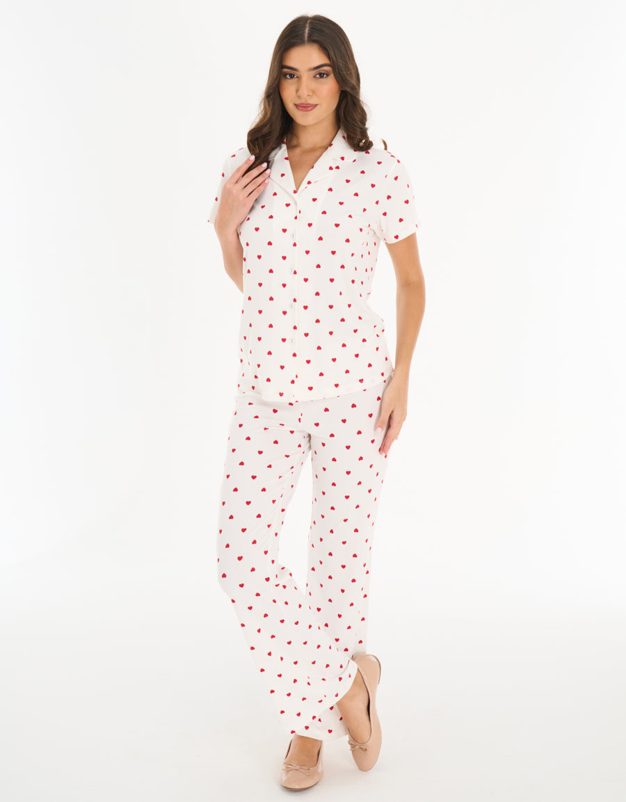 Jersey Short-Sleeve Shirt with Pants Pajama Set in White