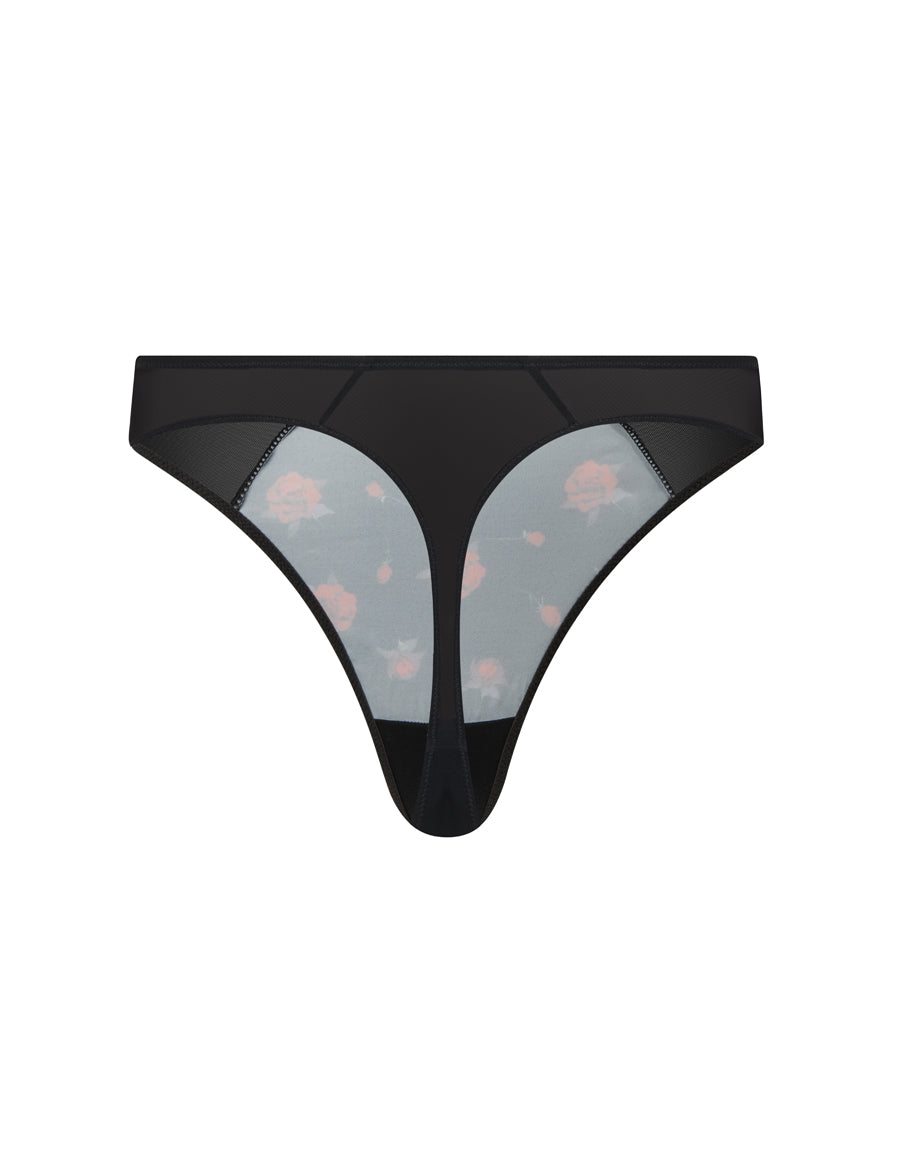 Black Satin Floral Thong with Lace