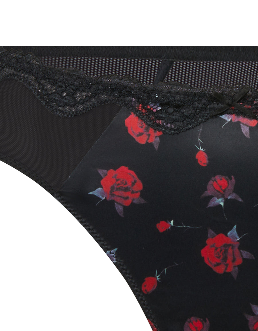 Black Satin Floral Thong with Lace