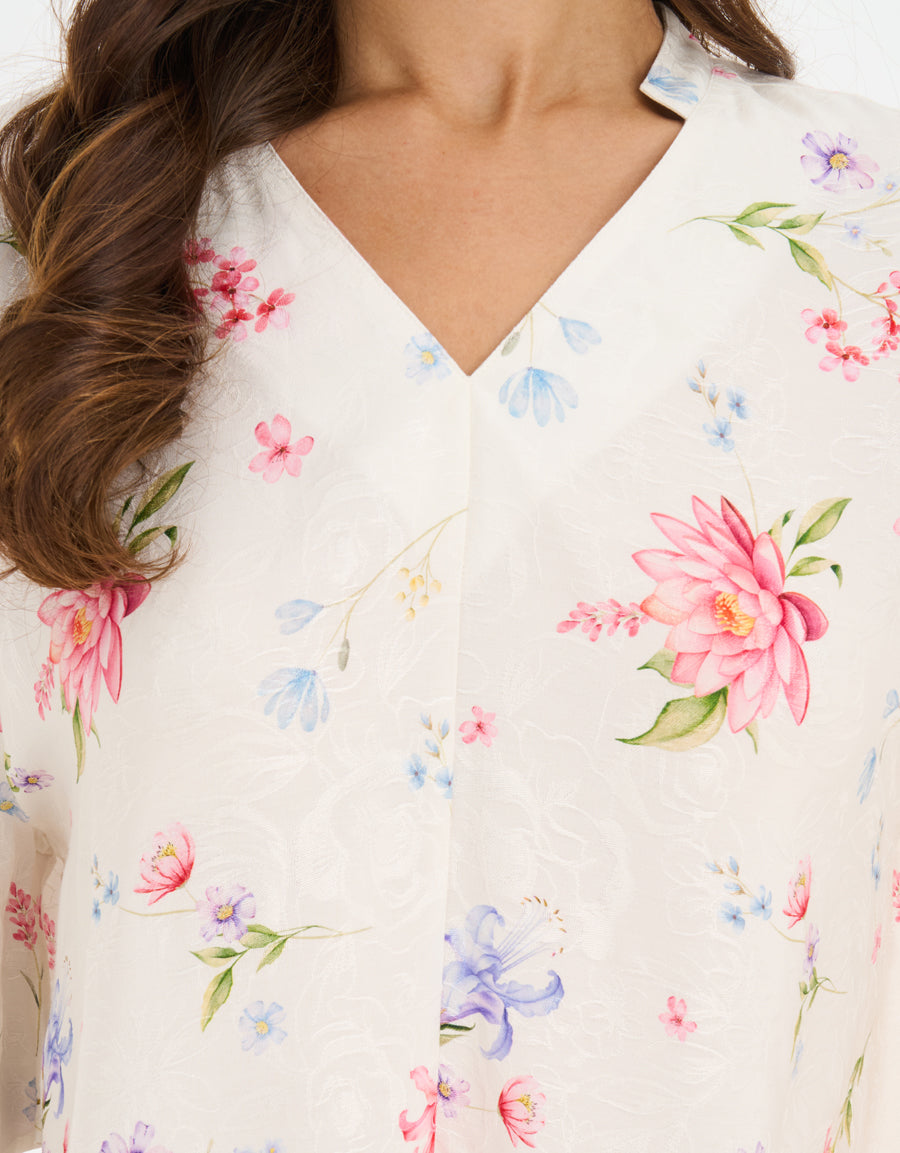 Midi-Sleeve Shirt with Pants Pajama Set in Cream