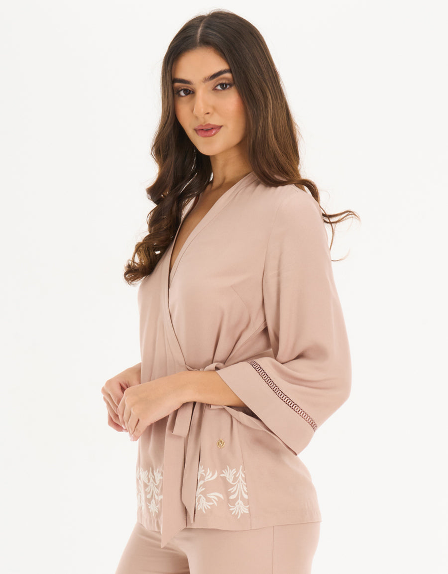 Long-Sleeve Shirt with Pants Pajama Set in Nude