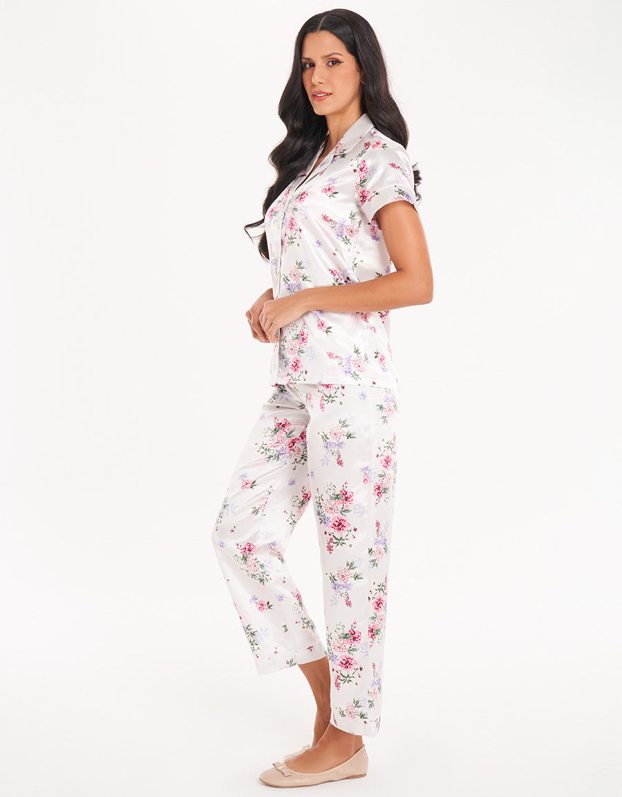 Floral Satin Short-Sleeve Long Pajama Set