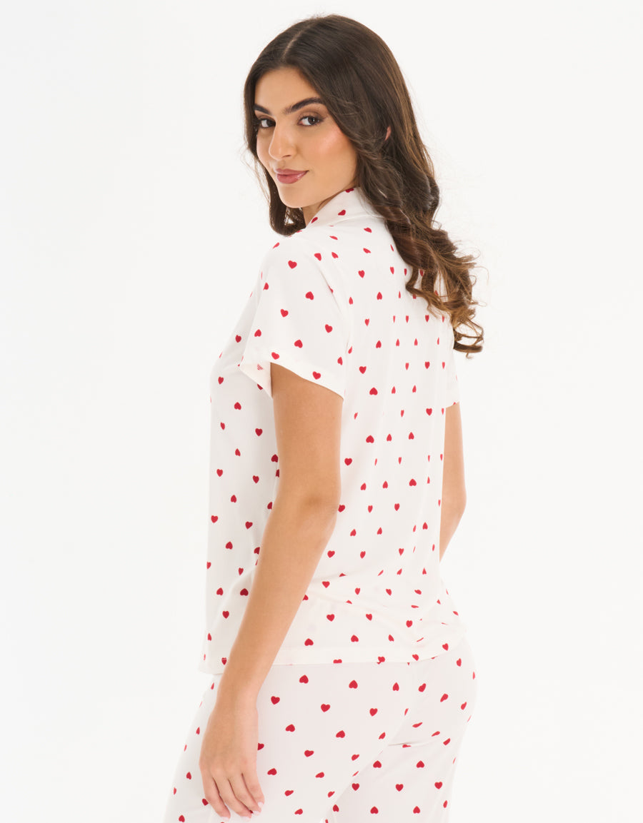 Jersey Short-Sleeve Shirt with Pants Pajama Set in White