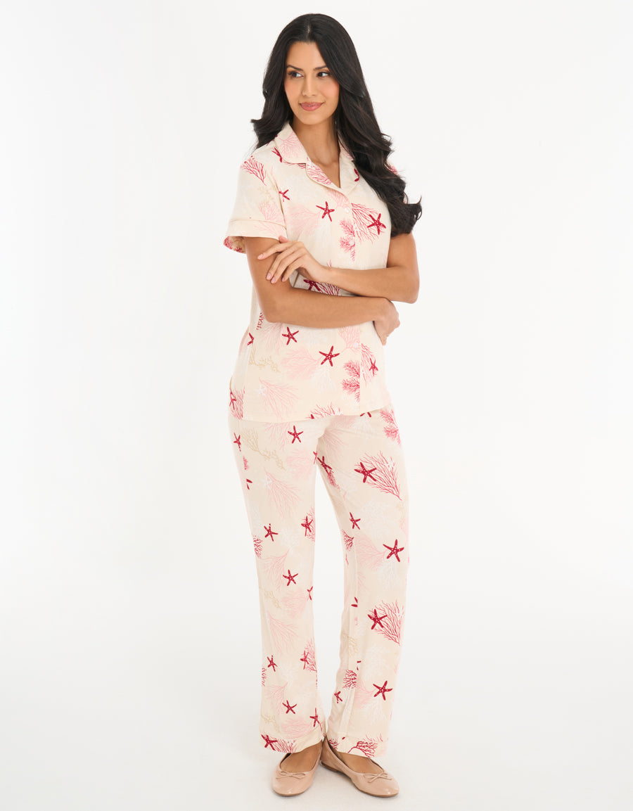 Short-Sleeve Shirt with Pants Pajama Set in Cream