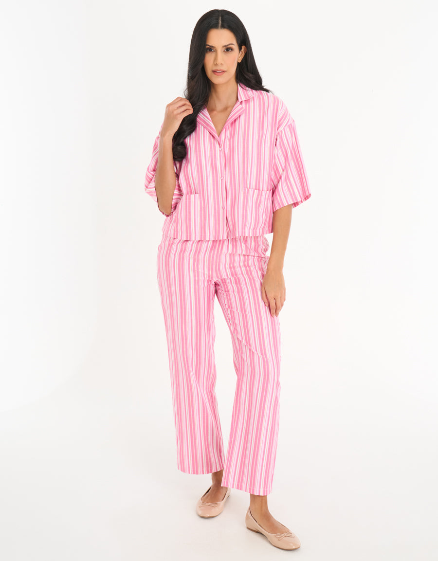 Midi-Sleeve Shirt with Pants Pajama Set in Fuchsia