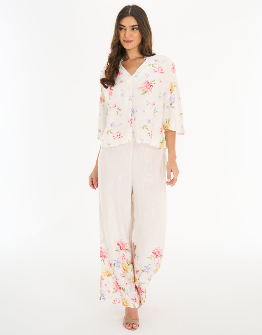Midi-Sleeve Shirt with Pants Pajama Set in Cream