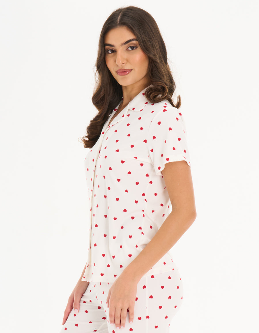 Jersey Short-Sleeve Shirt with Pants Pajama Set in White