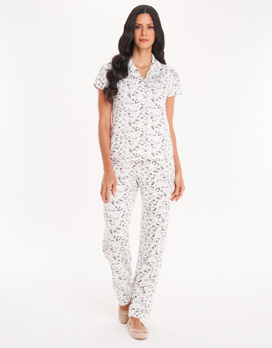 Tiger Motif Short-Sleeve Long Pajama Set