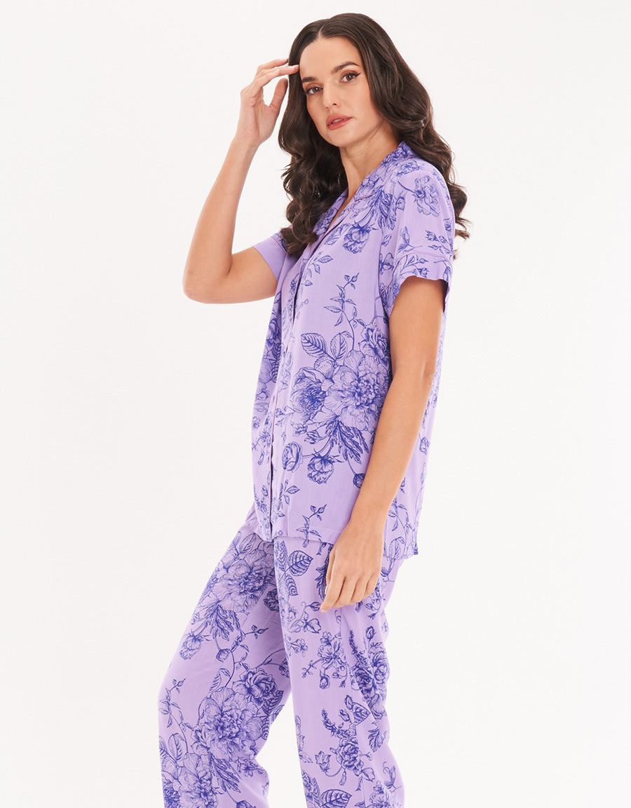 Floral Woven Short-Sleeve Long Pajama Set
