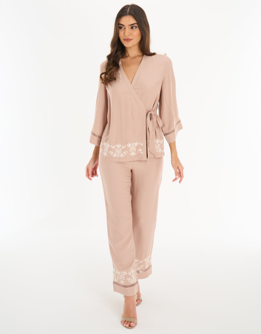 Long-Sleeve Shirt with Pants Pajama Set in Nude
