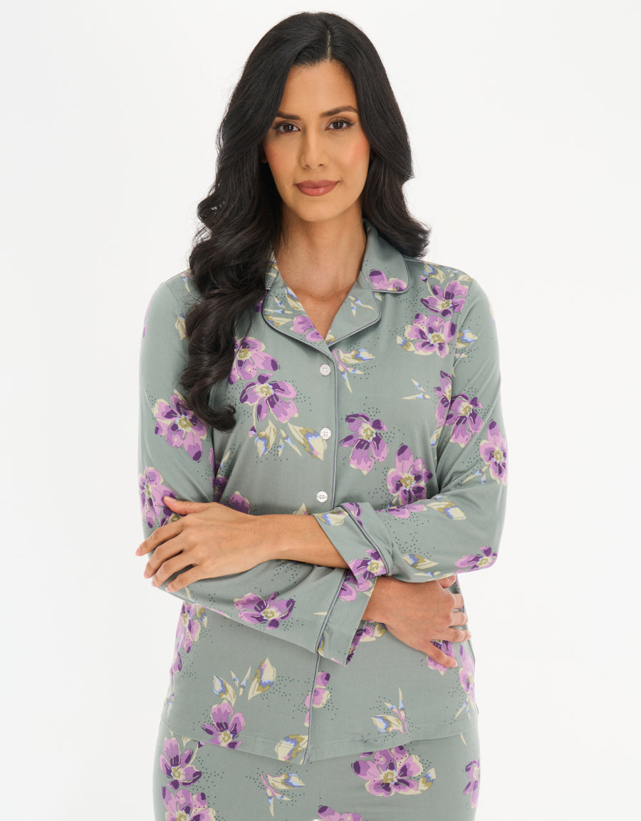 Jersey Long-Sleeve Shirt with Pants Pajama Set in Green