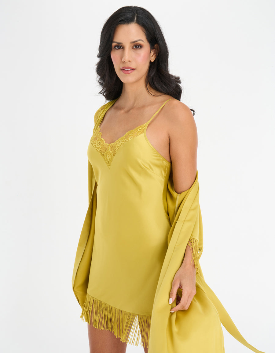 Fringed Satin Short Dress and Robe Set