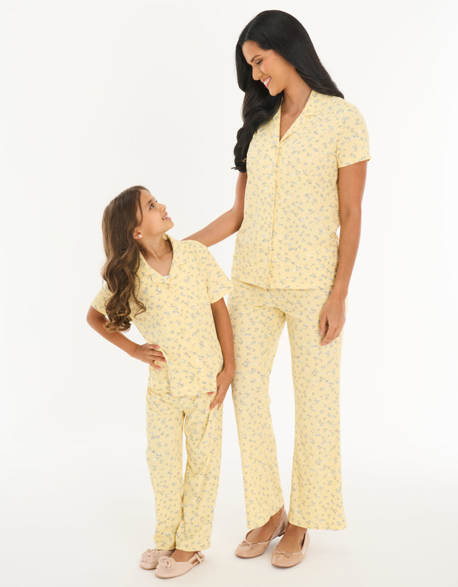 Ribbed Short-Sleeve Shirt with Pants Pajama Set Mother in Light Yellow