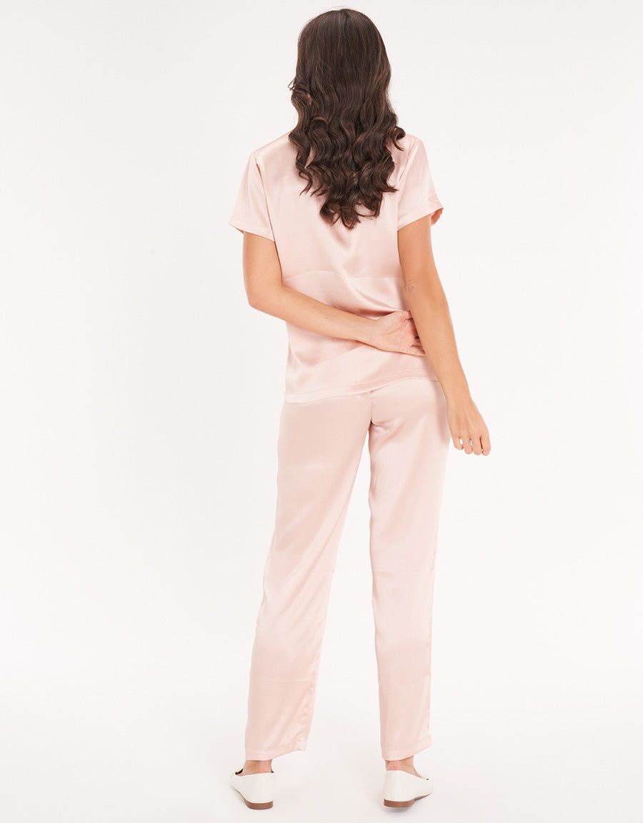 Satin Cream Short-Sleeve Long Pink Pajama Set