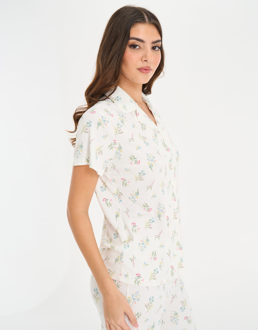 Ribbed Short-Sleeve Shirt with Pants Pajama Set in White