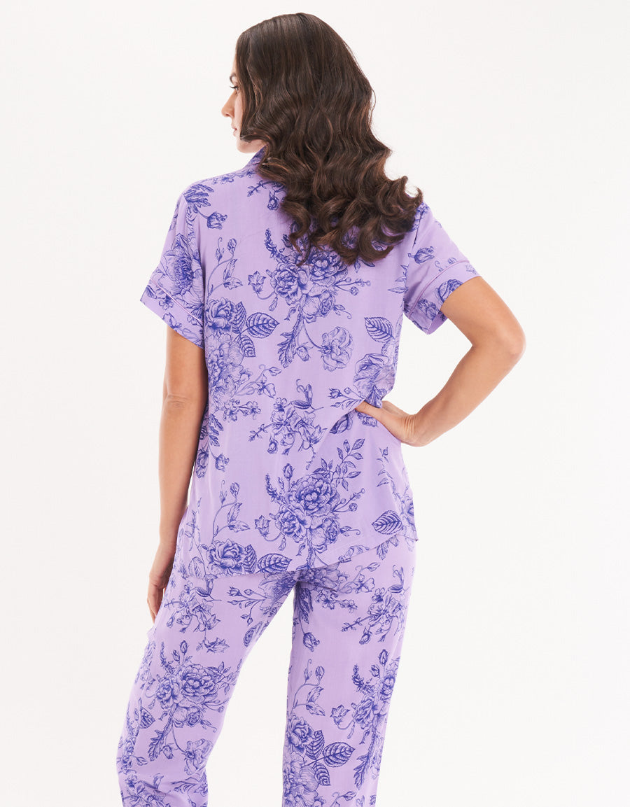 Floral Woven Short-Sleeve Long Pajama Set