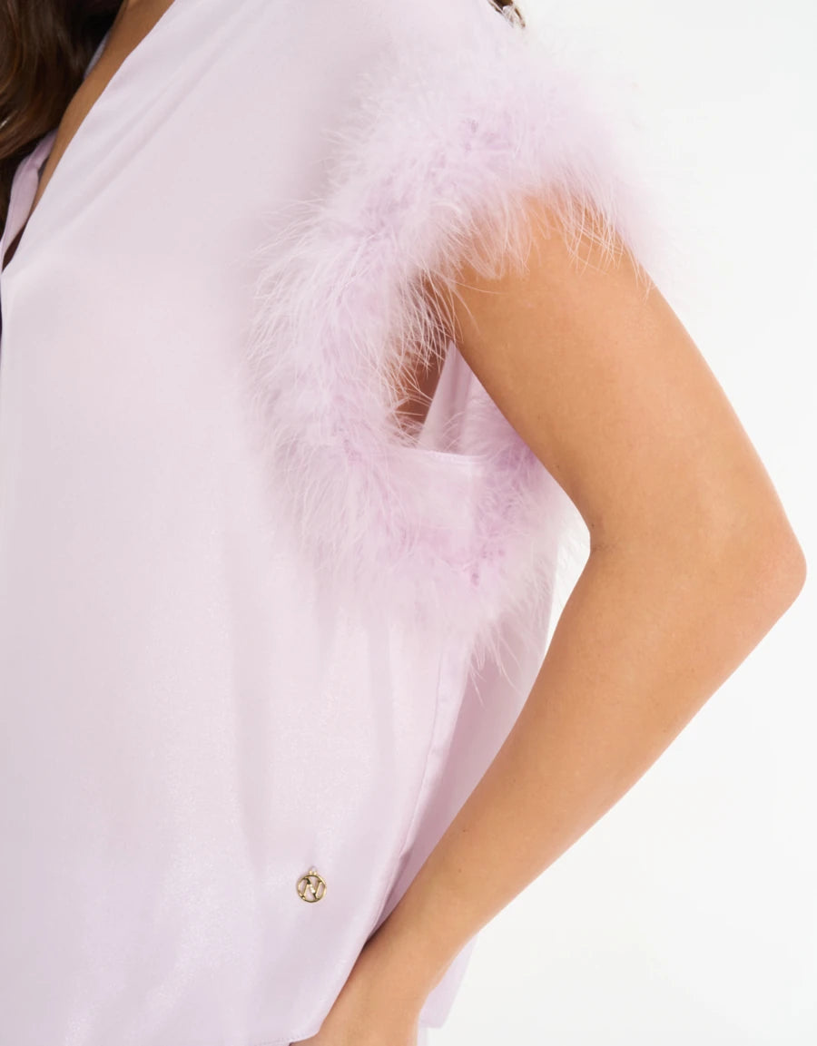 Feather-Trim Satin Pajama Set