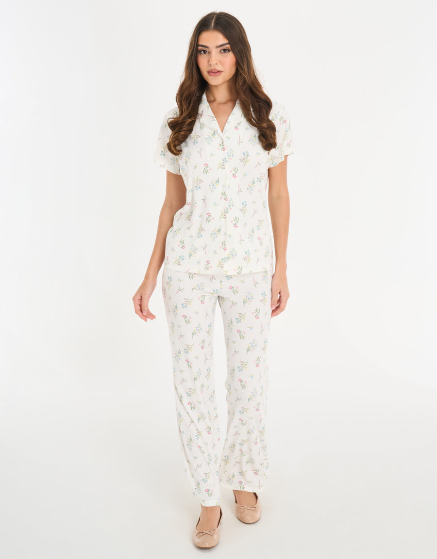 Ribbed Short-Sleeve Shirt with Pants Pajama Set in White