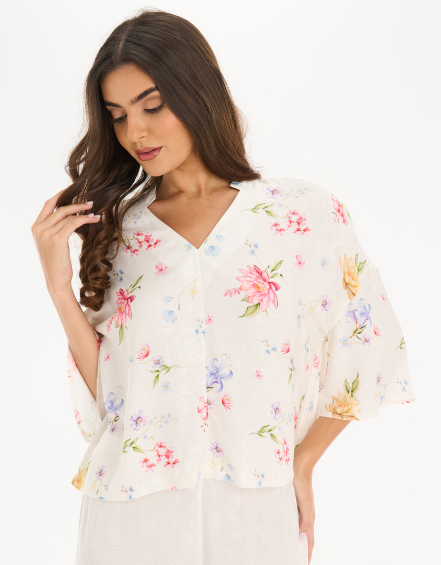 Midi-Sleeve Shirt with Pants Pajama Set in Cream