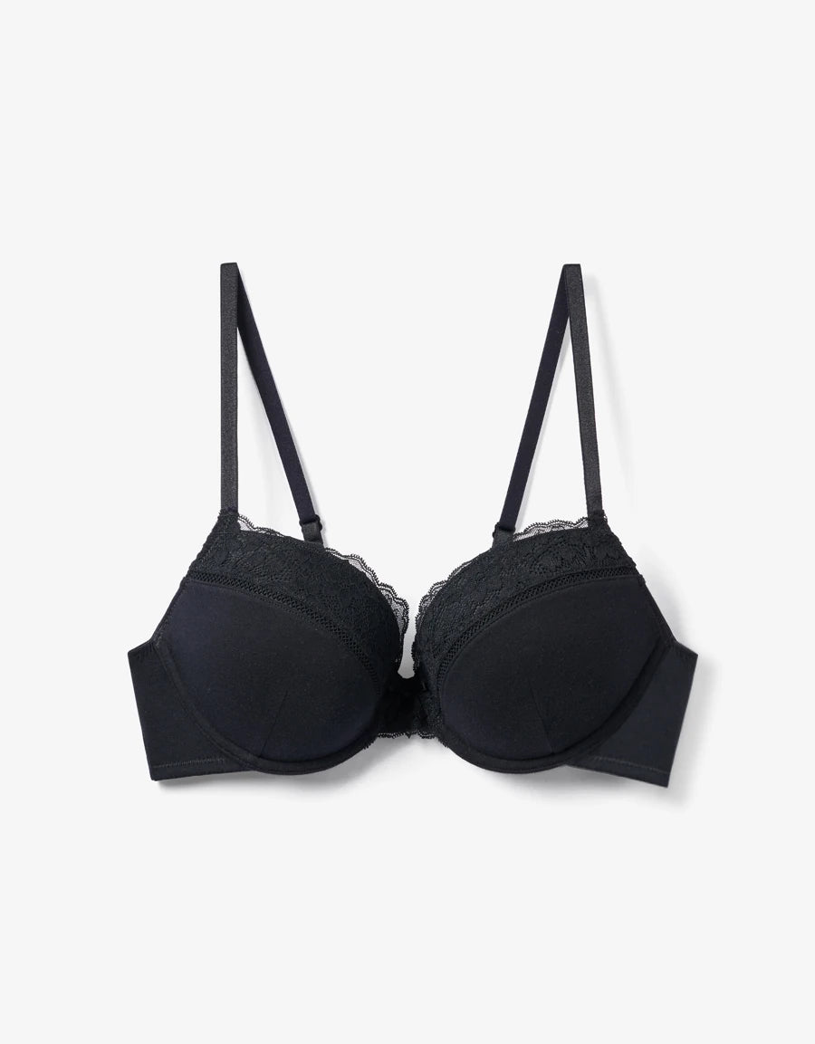 Lace-Trim Cotton Push-Up Plunge Bra