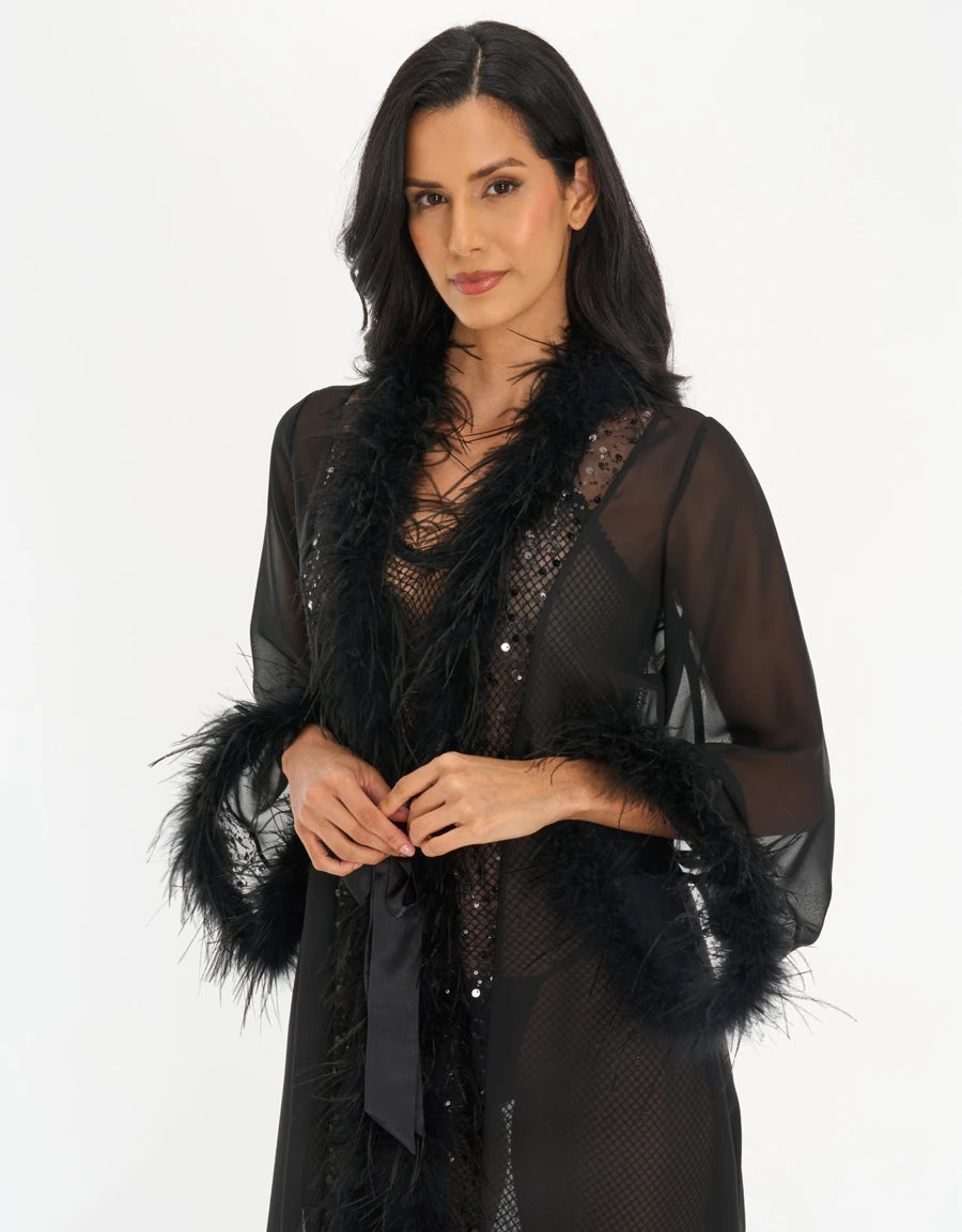 Feather-Trim Chiffon Long Robe