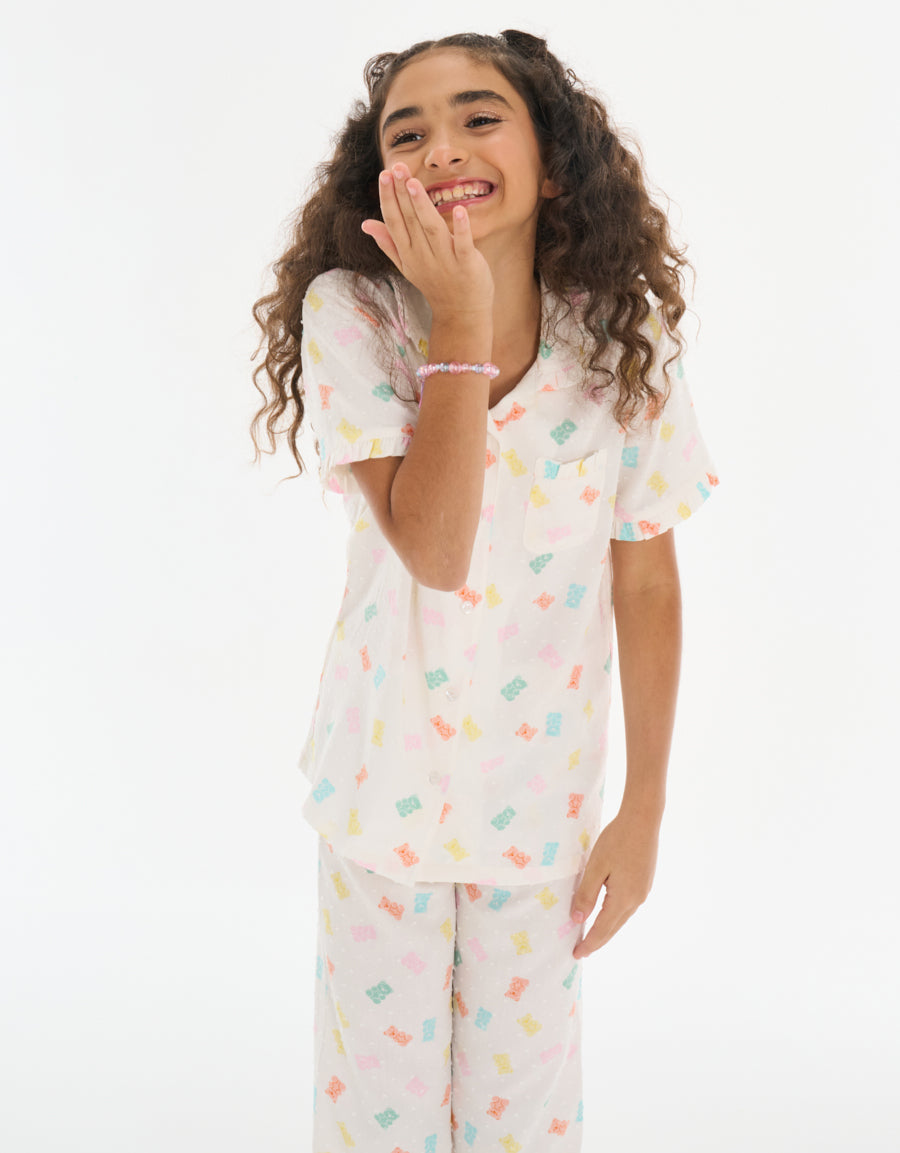 Short-Sleeve Shirt with Pants Pajama Set in White