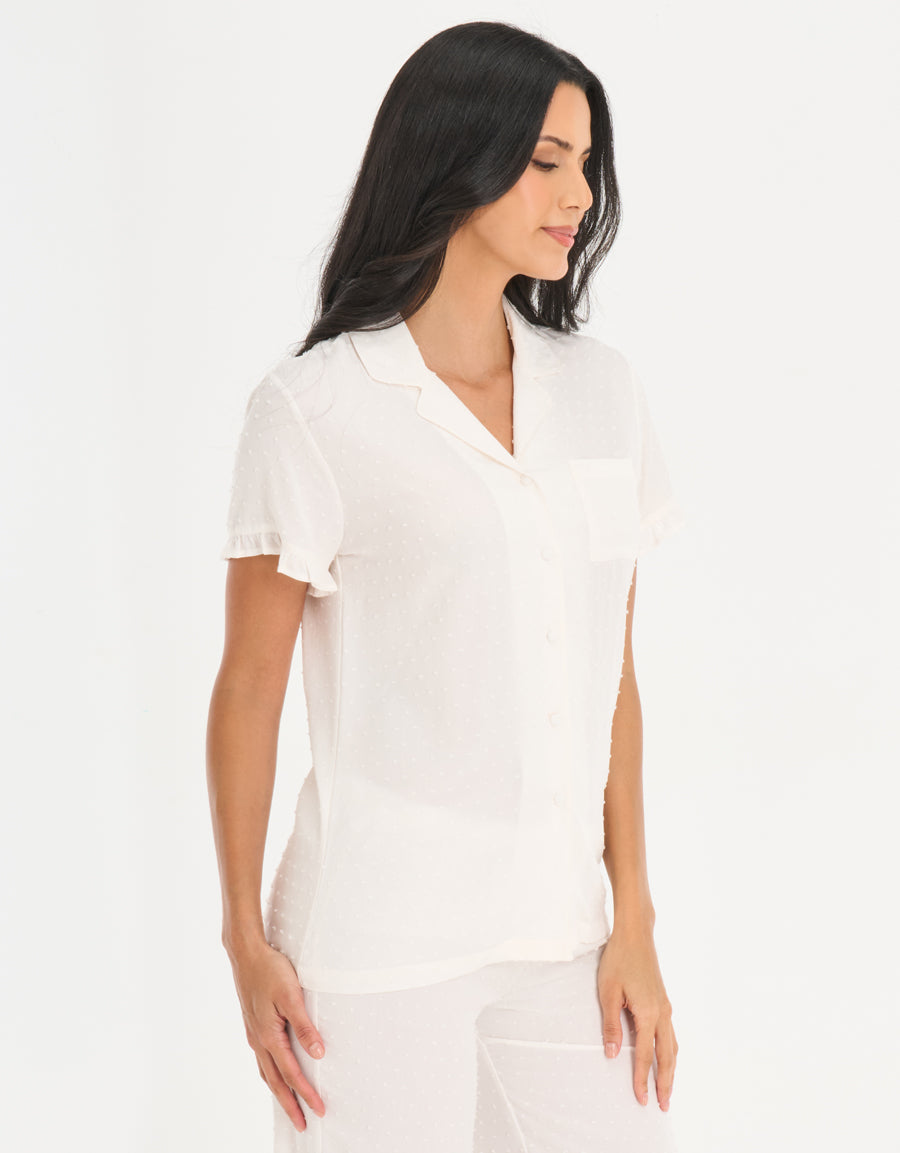 Short-Sleeve Shirt with Pants Pajama Set in White