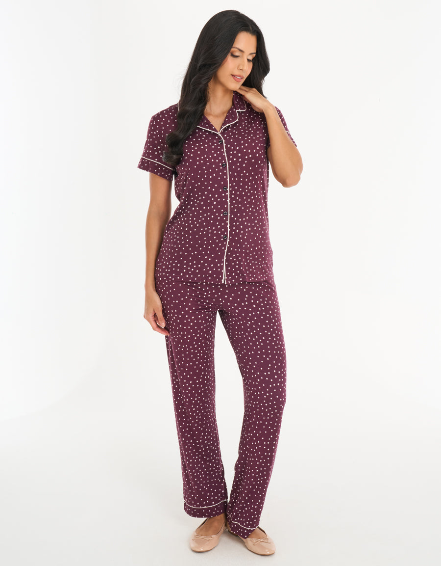 Short-Sleeve Shirt with Pants Pajama Set in Burgundy