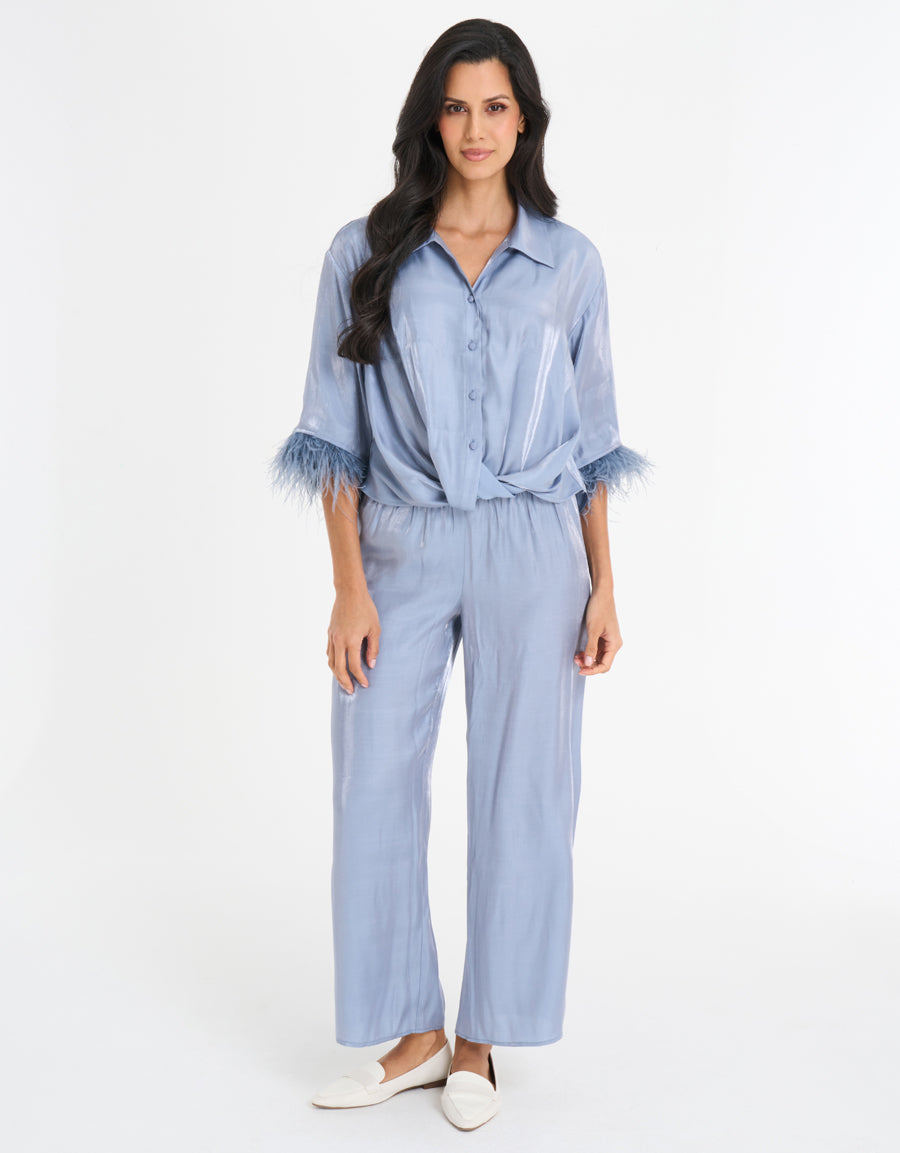 Feather-Trim Satin Pajama Set