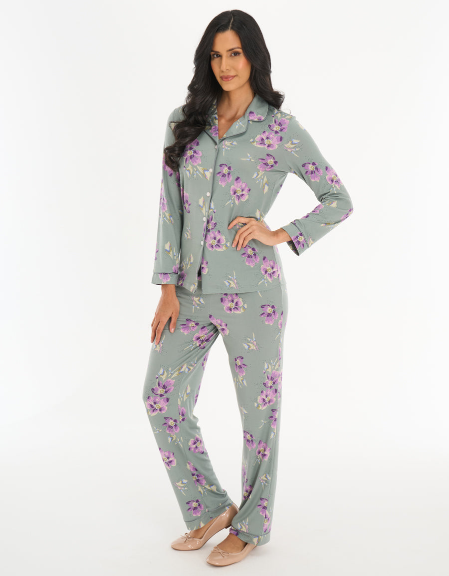 Jersey Long-Sleeve Shirt with Pants Pajama Set in Green