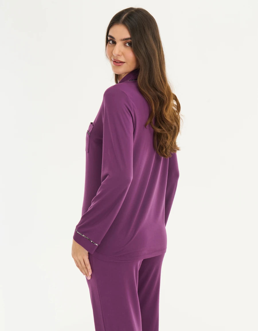 Ribbon-Trim Leopard Print Pajama Set