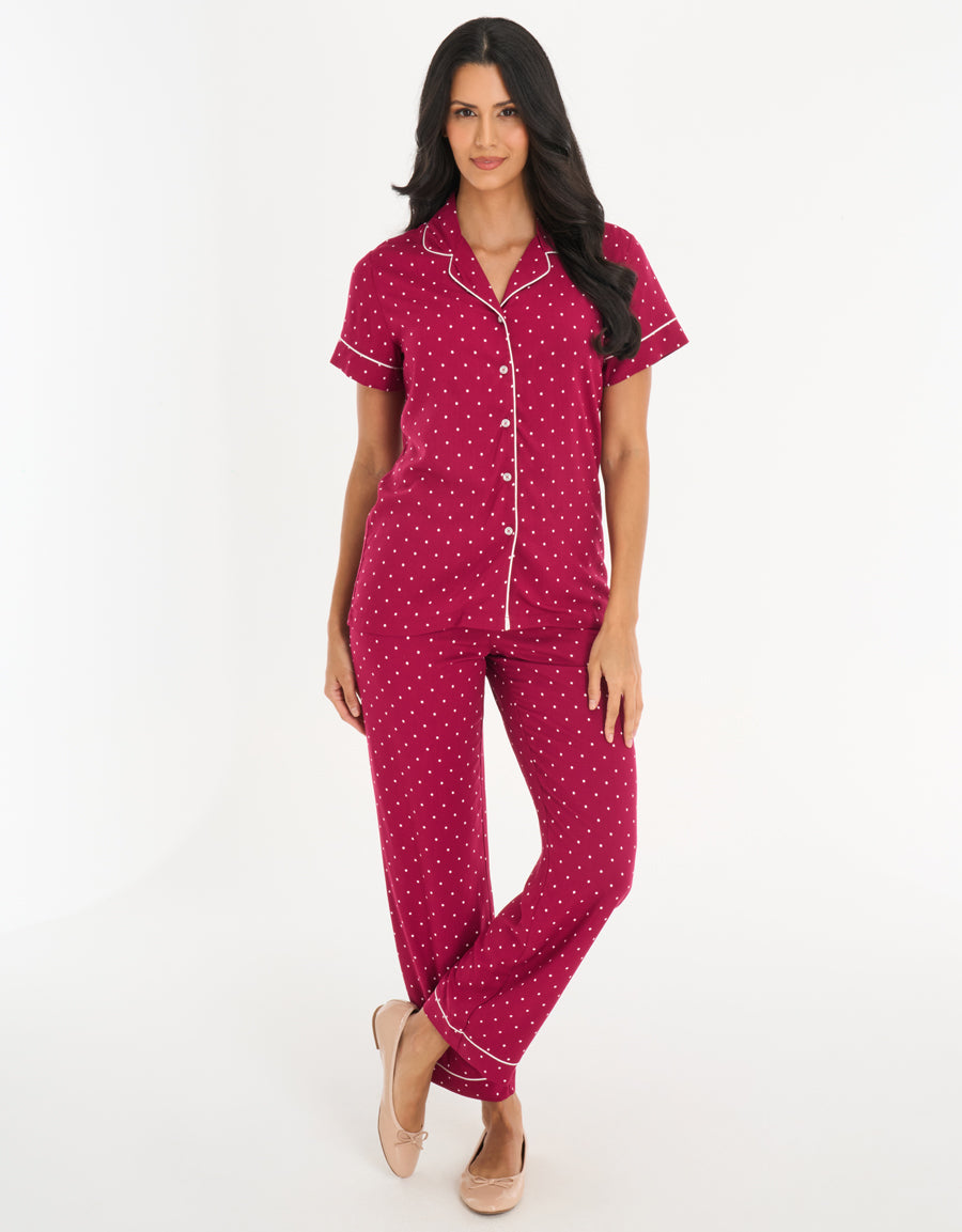 Short-Sleeve Shirt with Pants Pajama Set in Red