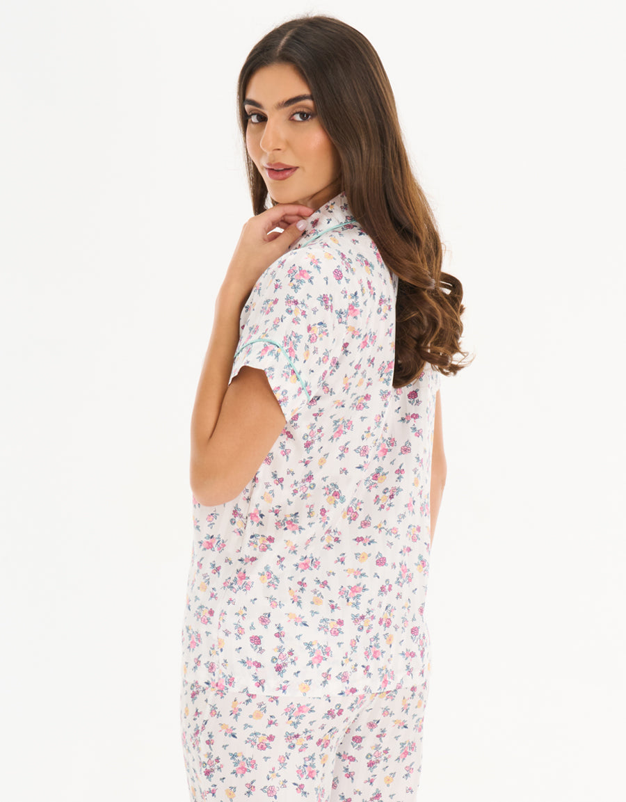 Satin Short-Sleeve Shirt with Pants Pajama Set in White