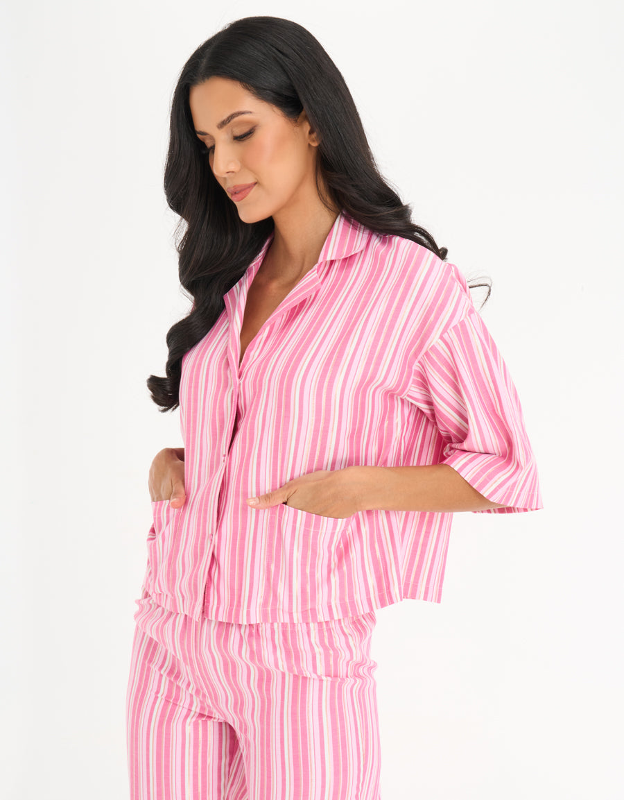 Midi-Sleeve Shirt with Pants Pajama Set in Fuchsia