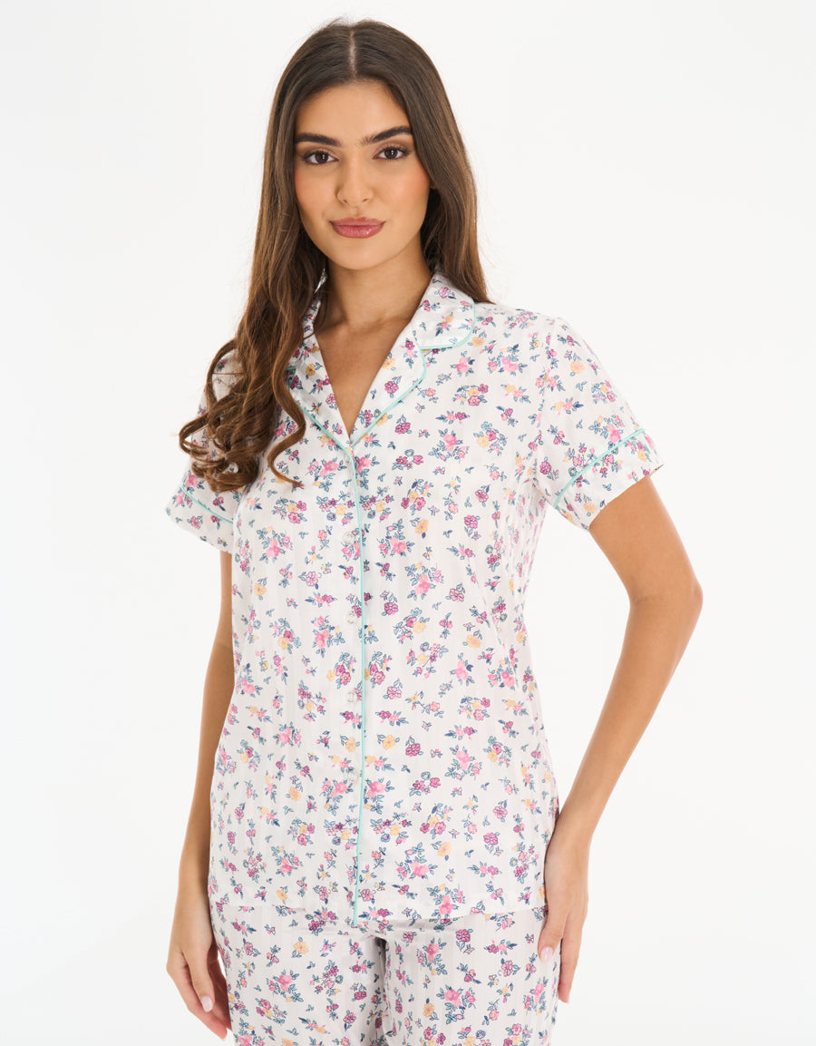 Satin Short-Sleeve Shirt with Pants Pajama Set in White