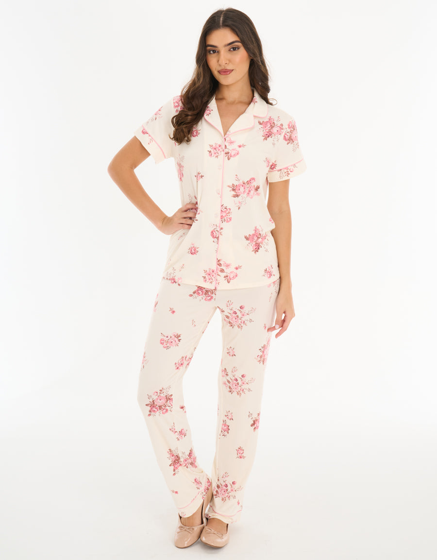 Jersey Short-Sleeve Shirt with Pants Pajama Set in Cream