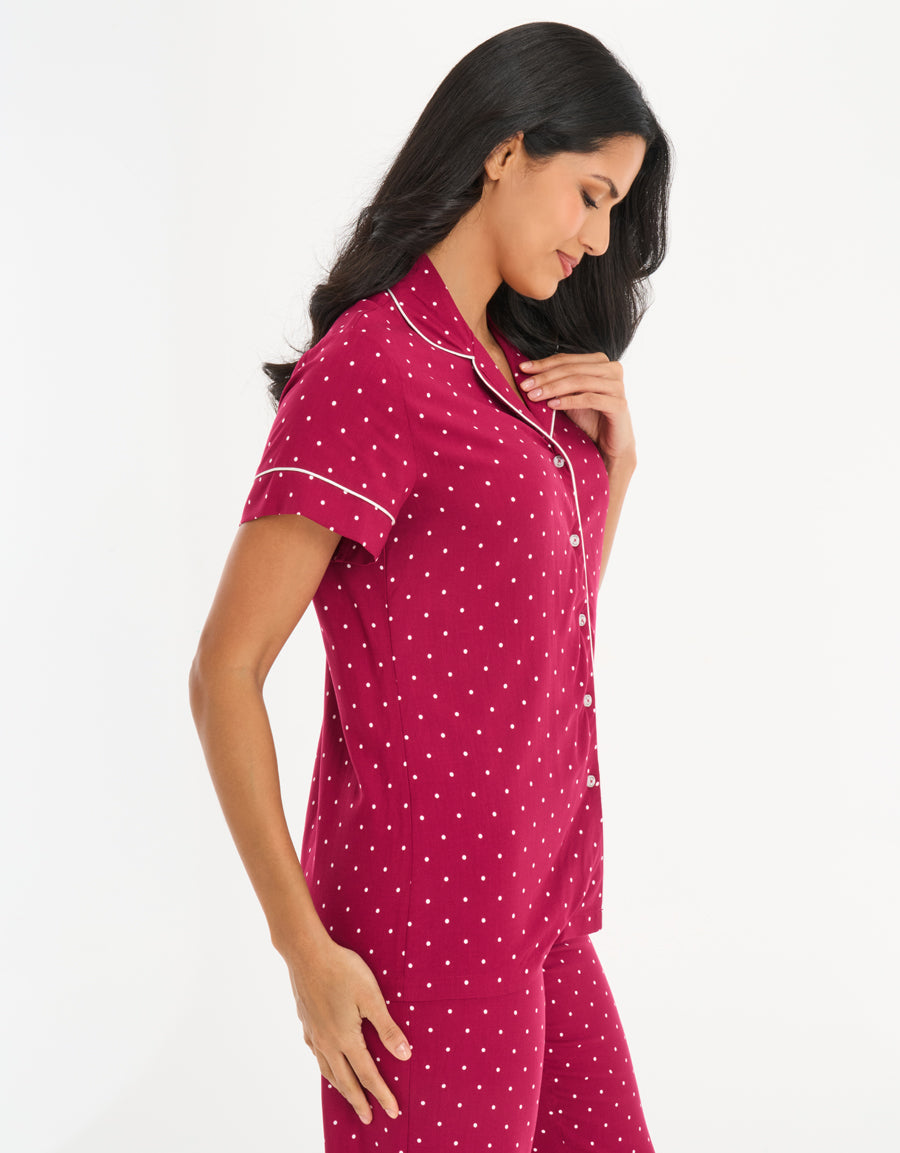 Short-Sleeve Shirt with Pants Pajama Set in Red