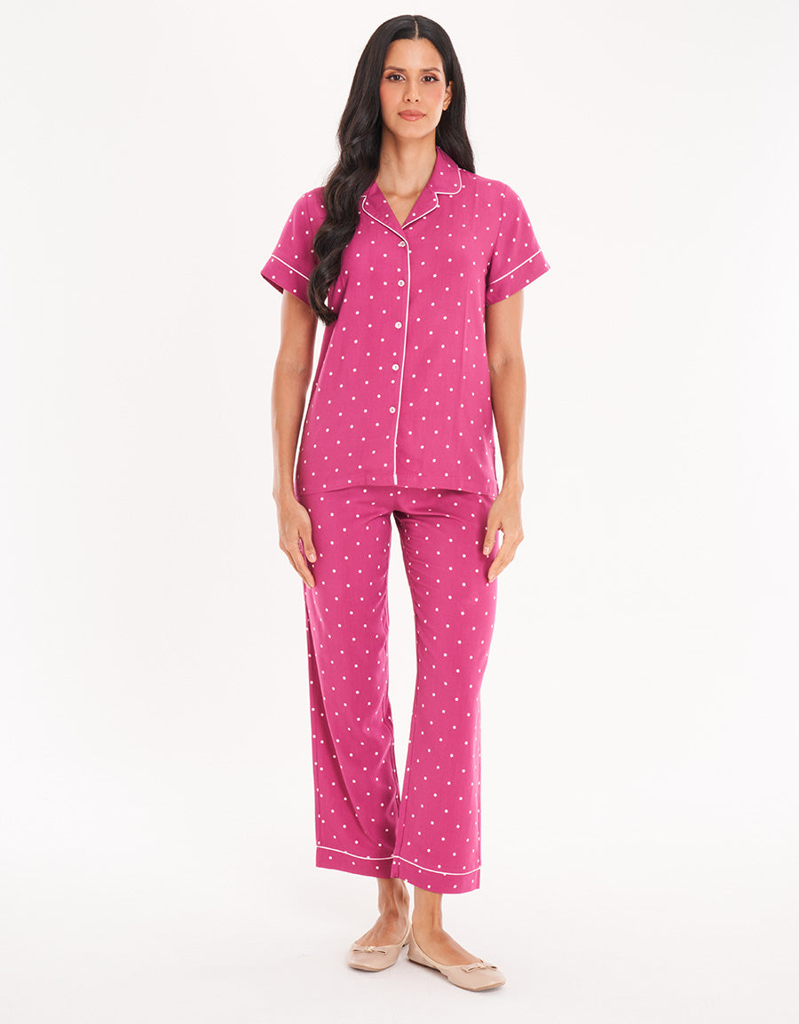 Micro-Dot Short-Sleeve Long Pink Pajama Set