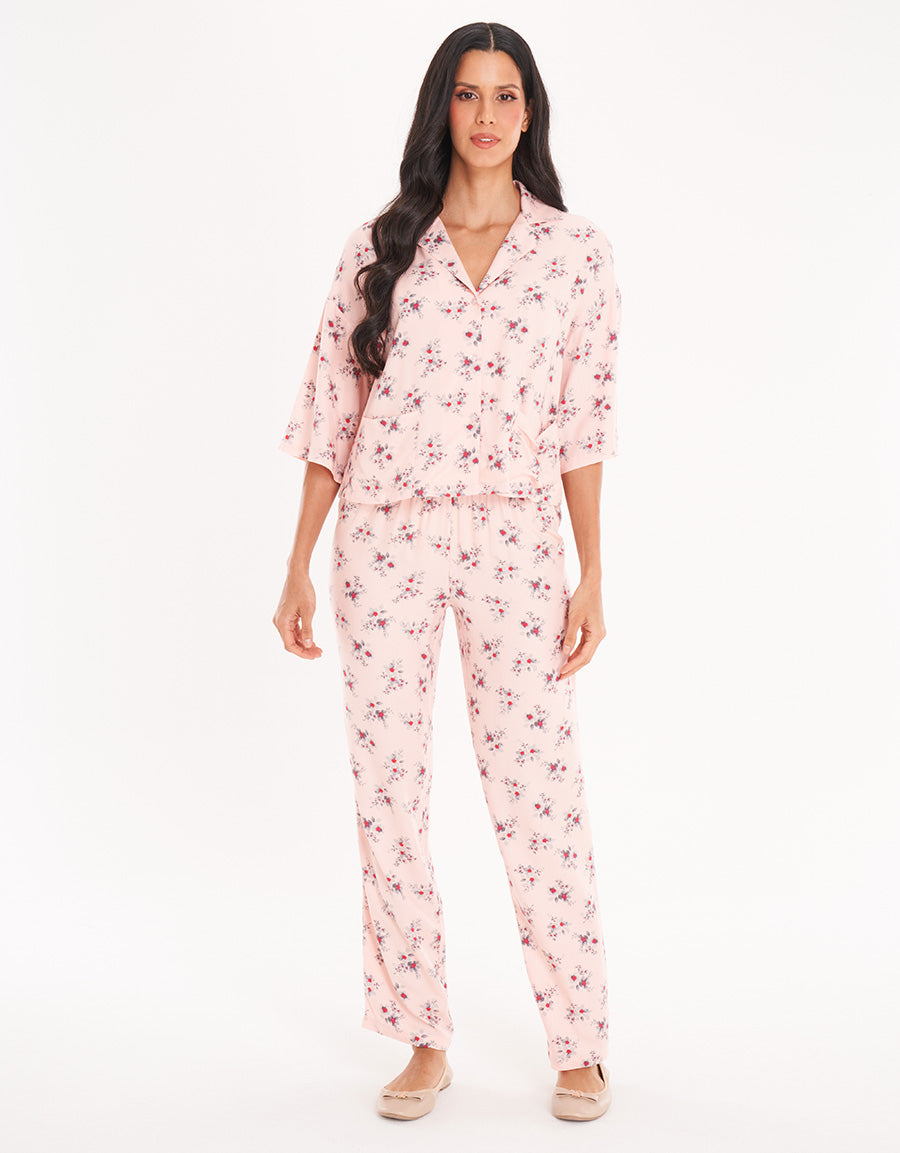 Light Pink Floral Short-Sleeve Long Pajama Set