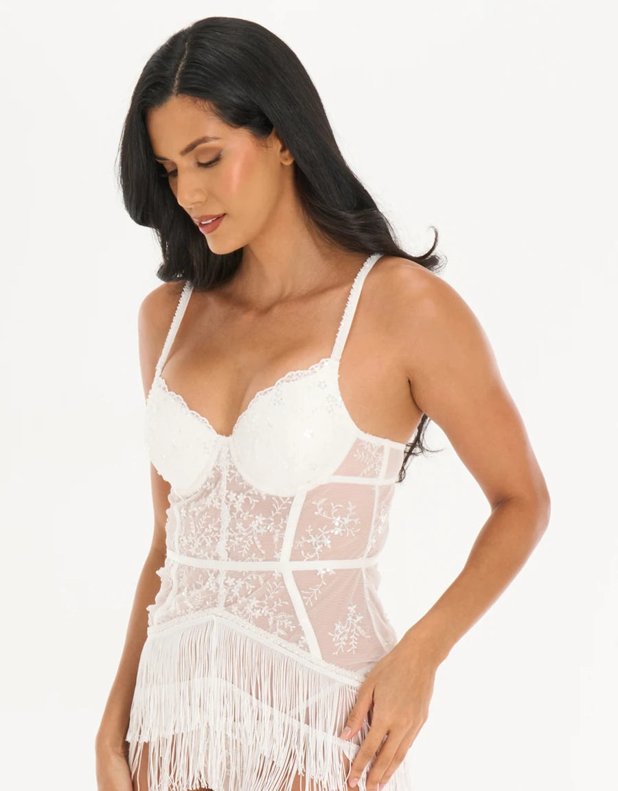 Fringe-Trim Lace Sheer Babydoll