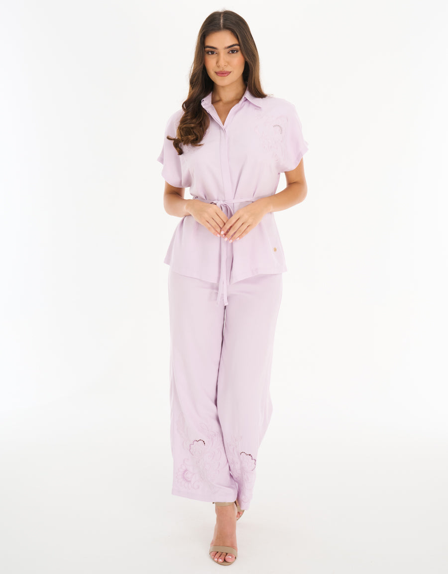 Short-Sleeve Shirt with Pants Pajama Set in Lilac