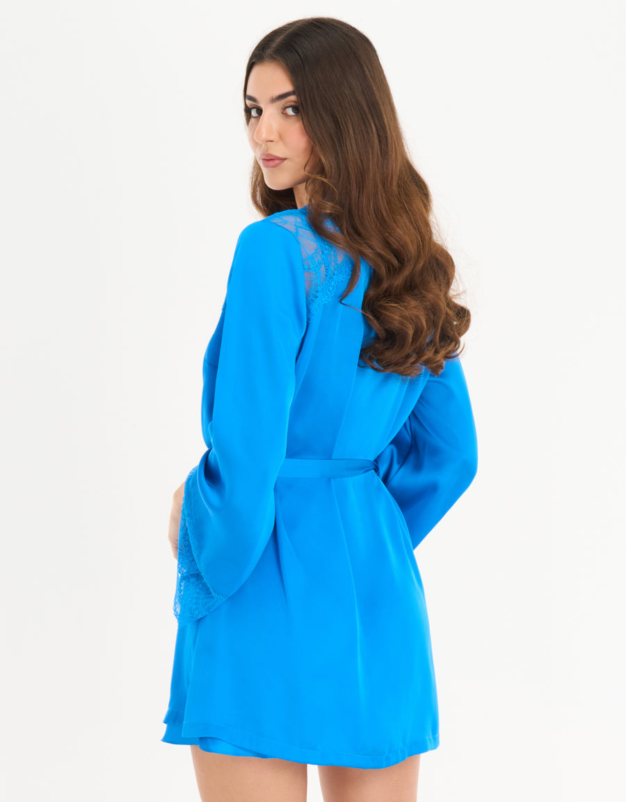 Satin Short Robe in Blue