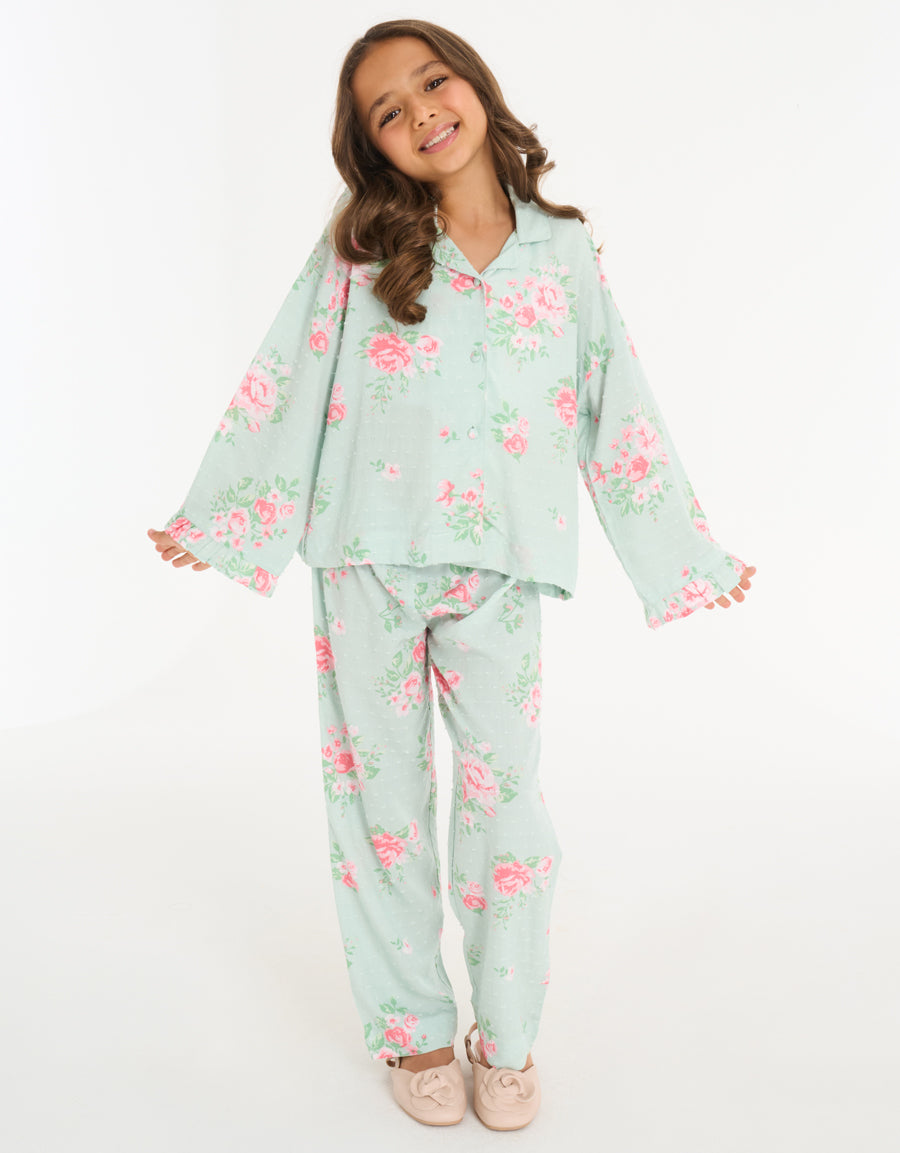 Long-Sleeve Shirt with Pants Pajama Set in Light Green