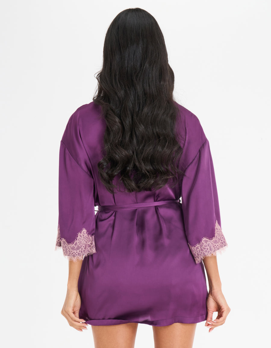 Lace-Trim Satin Short Robe