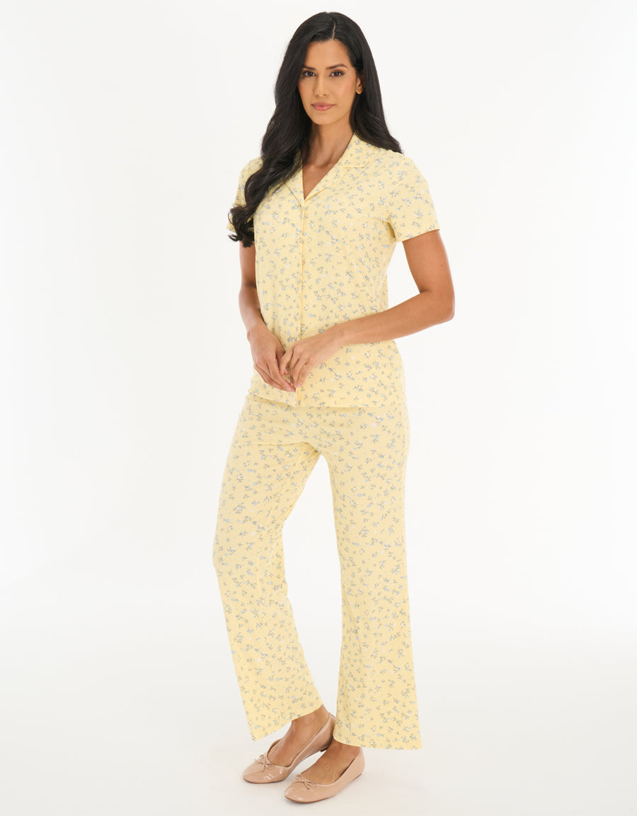 Ribbed Short-Sleeve Shirt with Pants Pajama Set Mother in Light Yellow