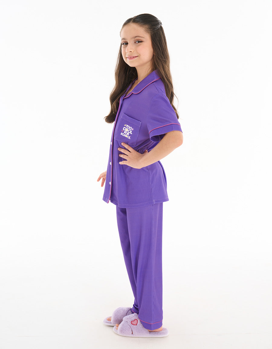 Short-Sleeve Shirt with Pants Pajama Set in Purple