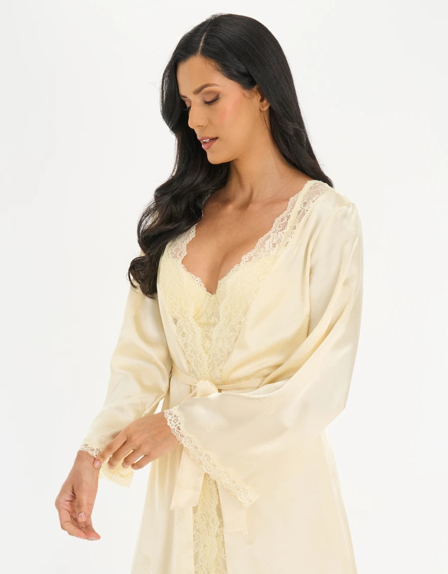 Lace-Trim Jacquard Satin Long Robe