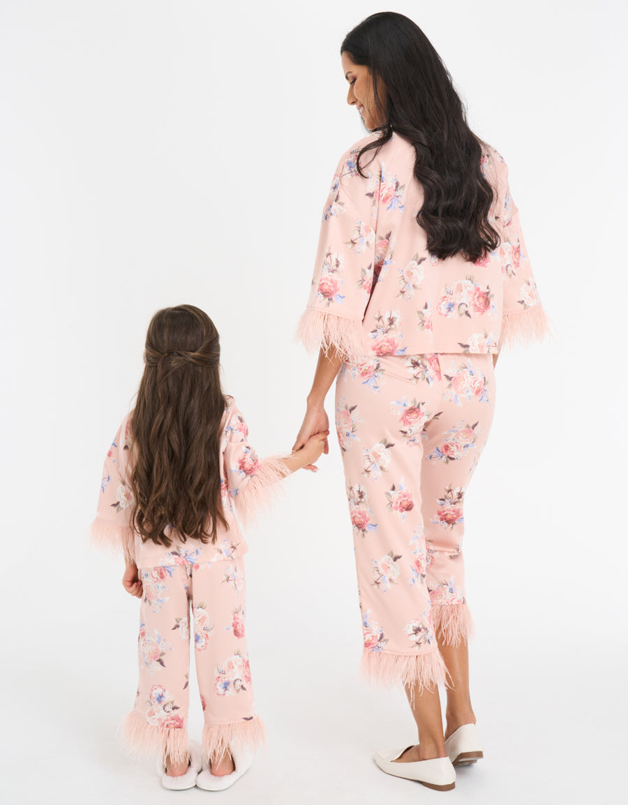 Feather-Trim Satin Pajama Set