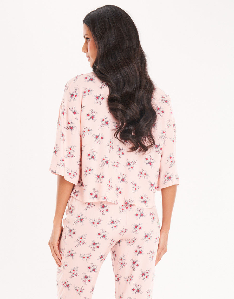 Light Pink Floral Short-Sleeve Long Pajama Set